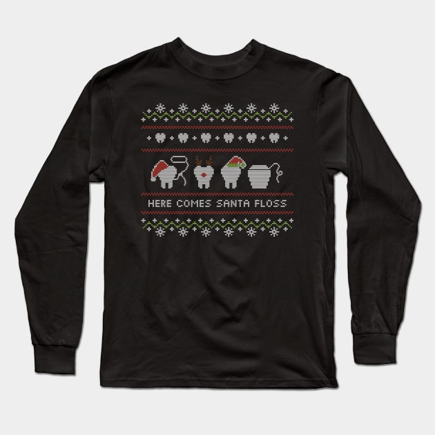 Ugly Christmas Sweater Here Comes Santa Floss Long Sleeve T-Shirt by shamdesign